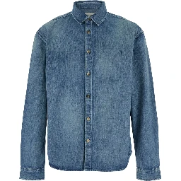 Shirt with Classic Collar and Cassandre Embroidery on the Front in Light Blue Denim for Men