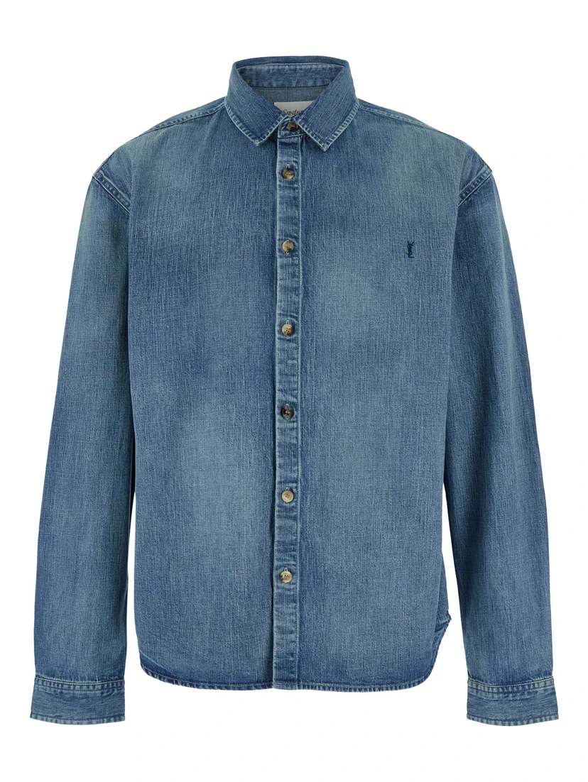 Shirt with Classic Collar and Cassandre Embroidery on the Front in Light Blue Denim for Men