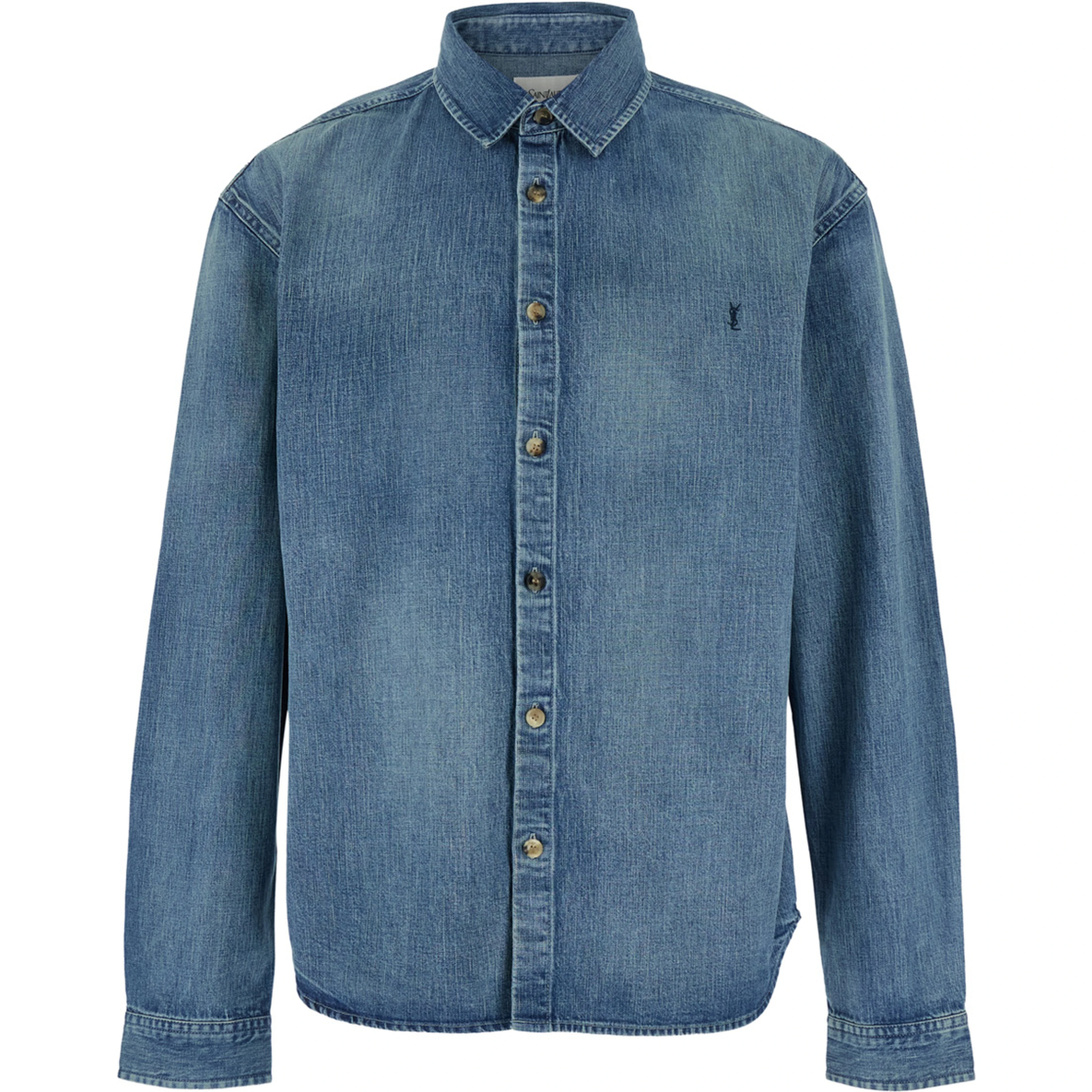 Shirt with Classic Collar and Cassandre Embroidery on the Front in Light Blue Denim for Men