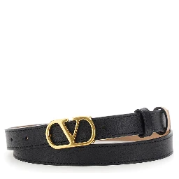 Reversible Belt with VLogo Buckle in Black Leather for Women