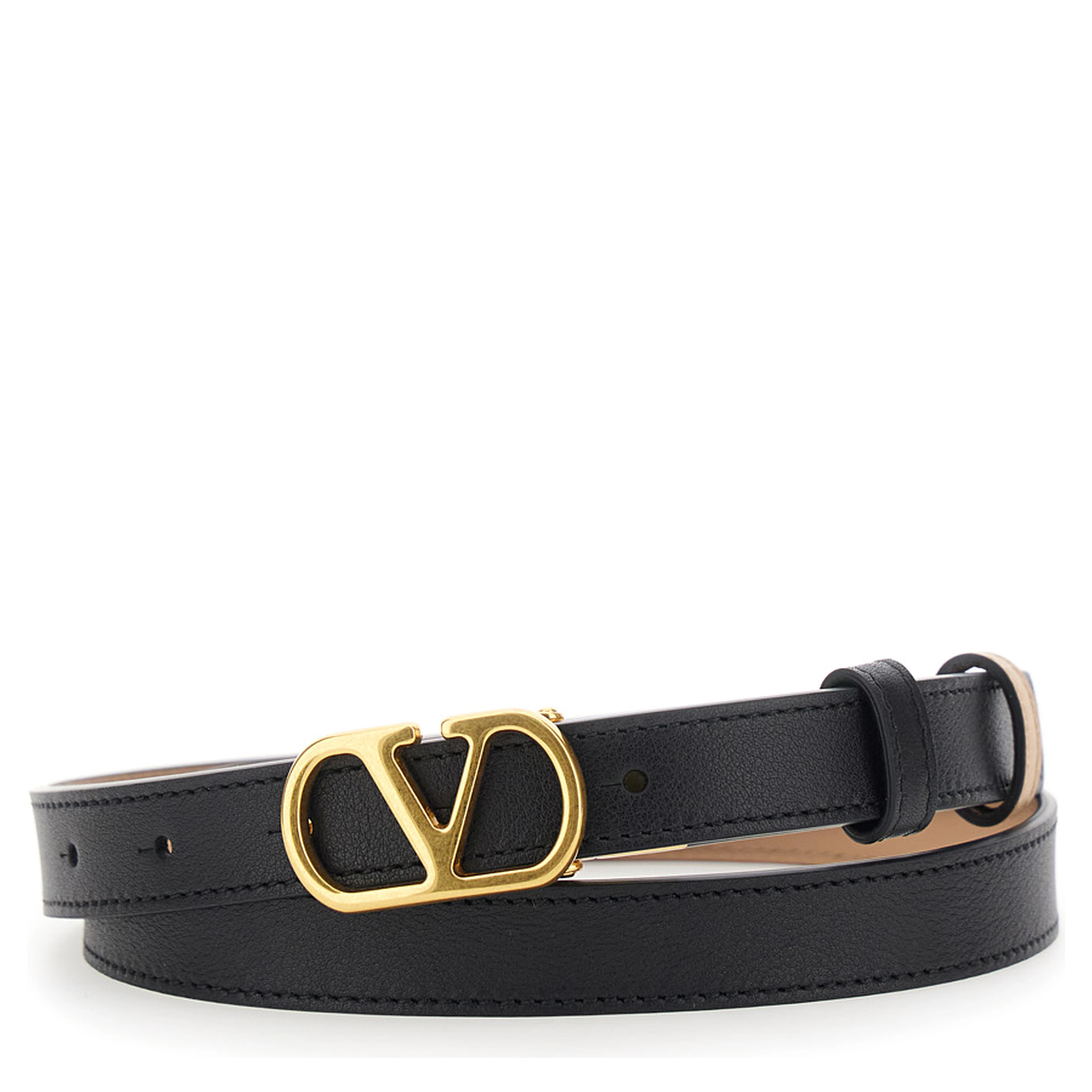 Reversible Belt with VLogo Buckle in Black Leather for Women