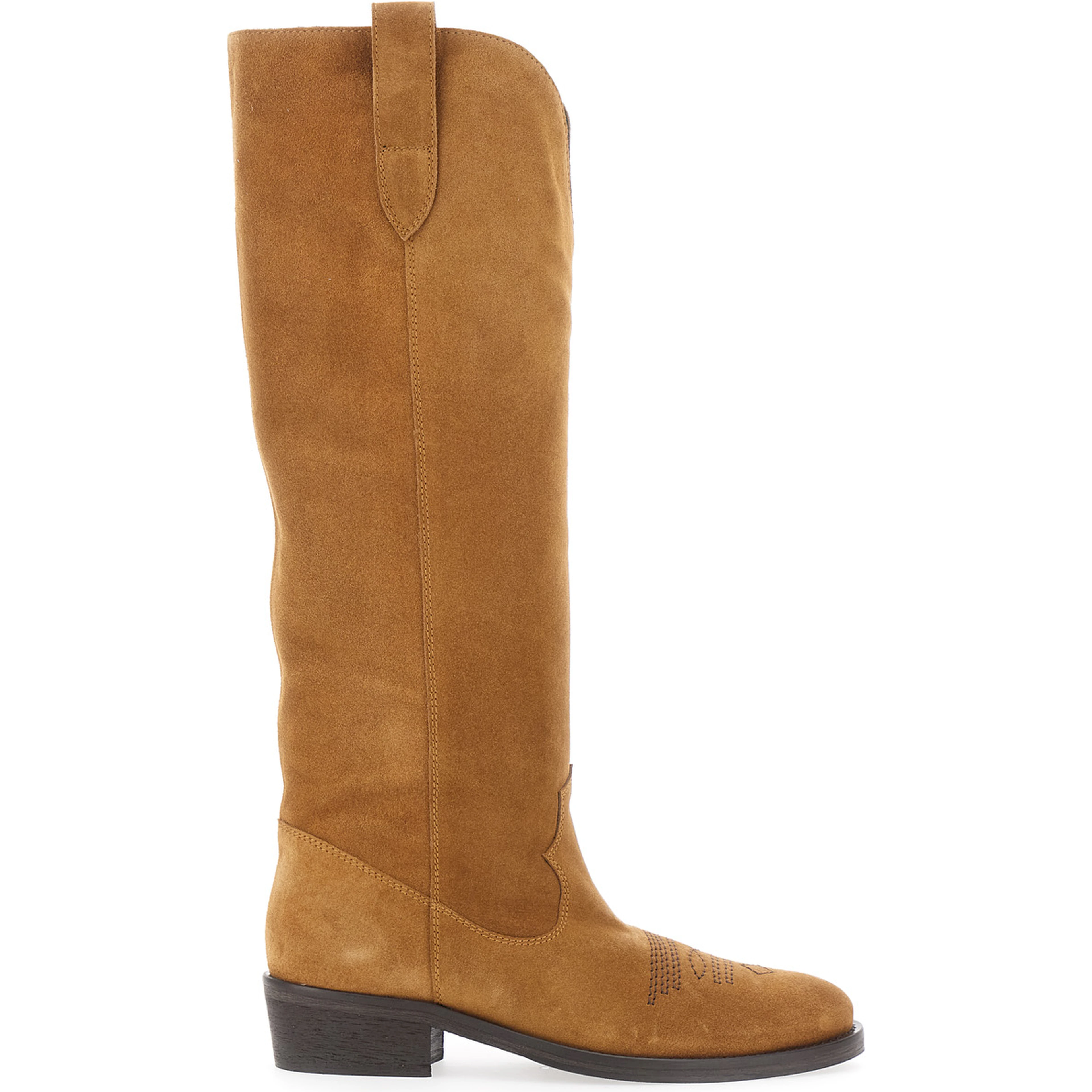 Brown suede round toe low block heel boots for women