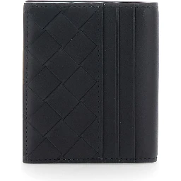 Cardholder with Intreccio Motif and Lettering Logo Impressed Inside in Black Leather for Men