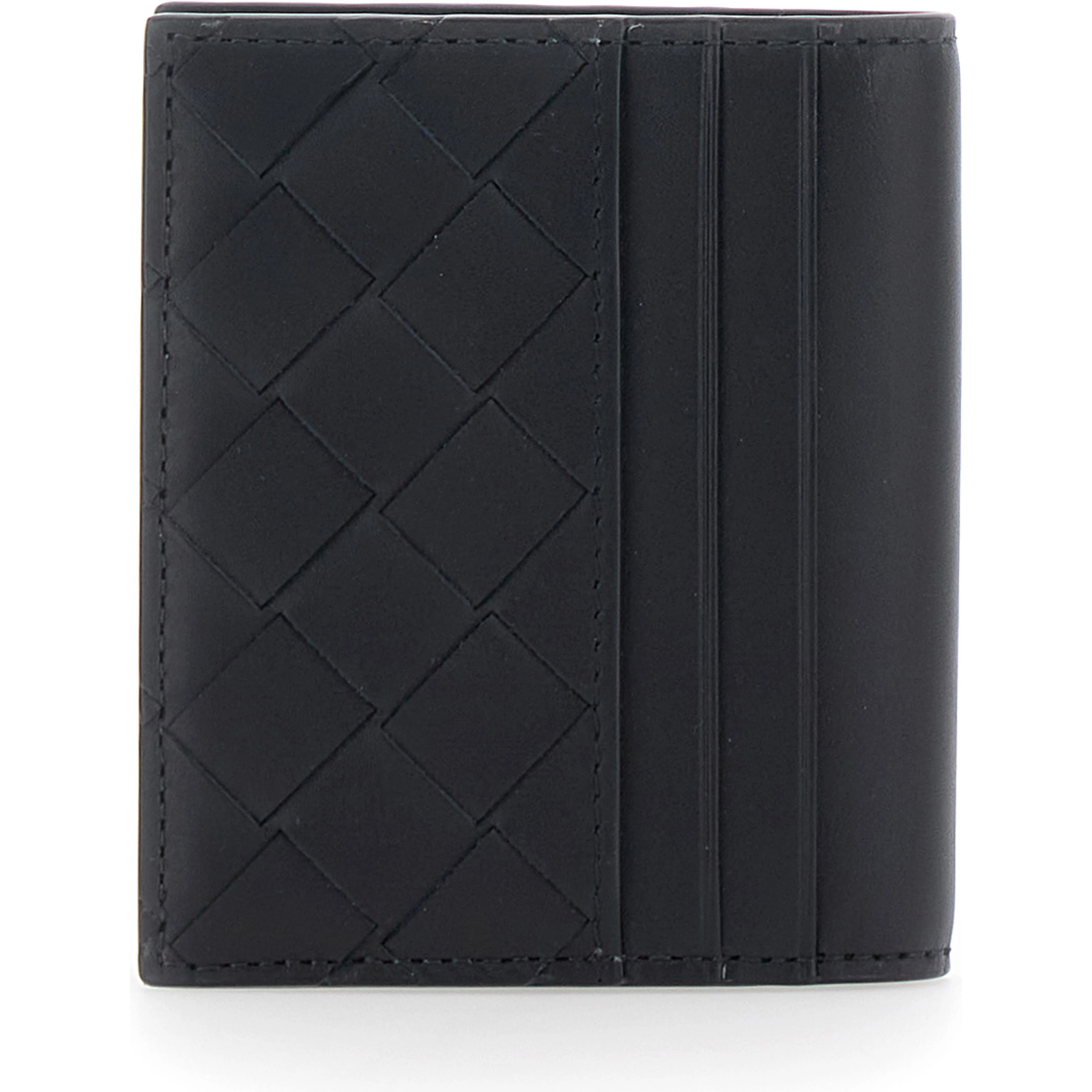 Cardholder with Intreccio Motif and Lettering Logo Impressed Inside in Black Leather for Men