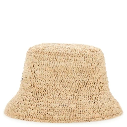 Beige Bucket hat with Logo Plate on the Front in Raffia for Women