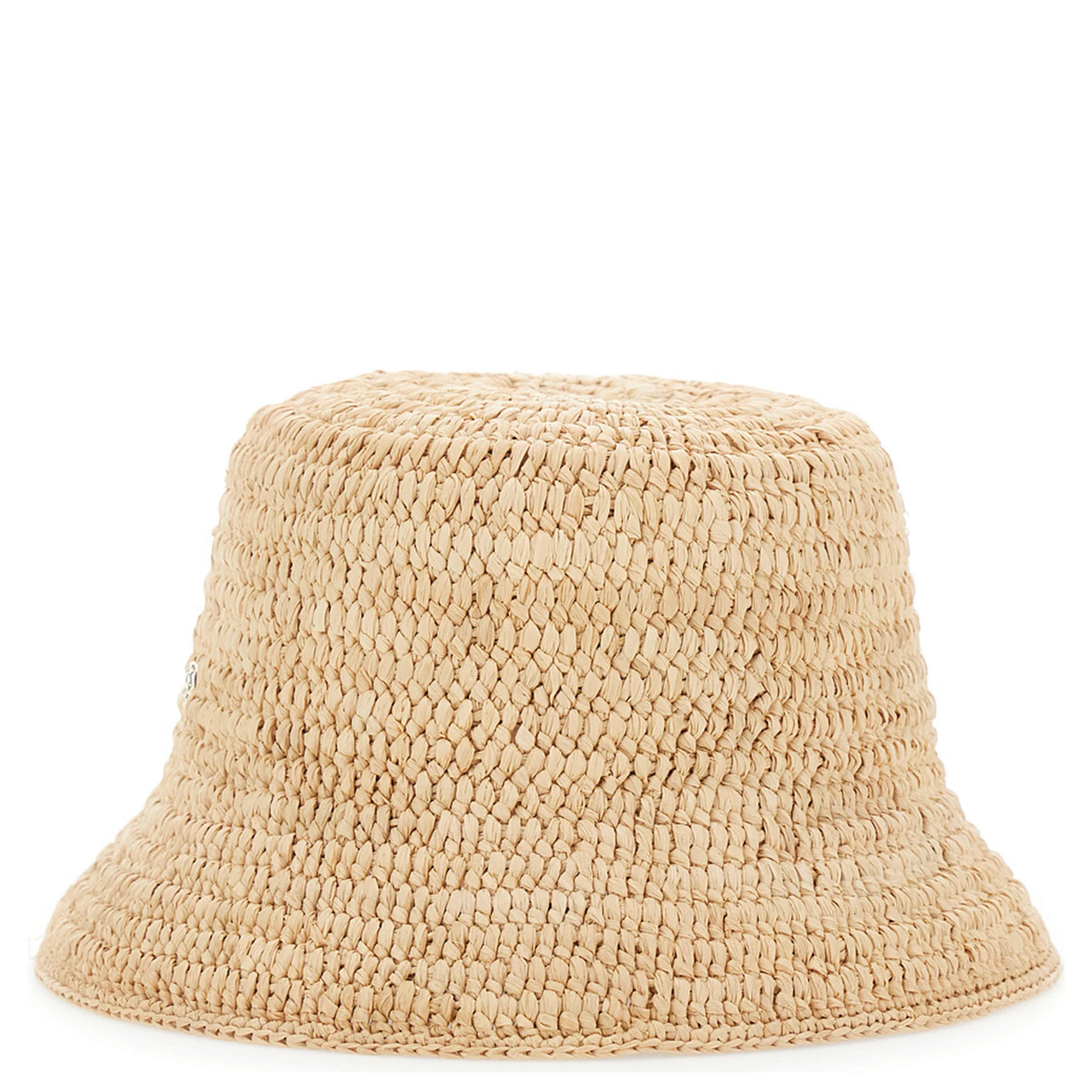 Beige Bucket hat with Logo Plate on the Front in Raffia for Women