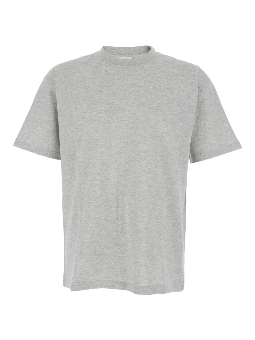 Crew Neck T-Shirt with Cassandre Embroidery in Grey Cotton for Men