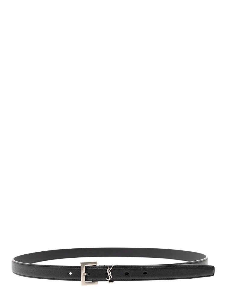 Leather Belt with Silver Metal Buckle Men YSL
