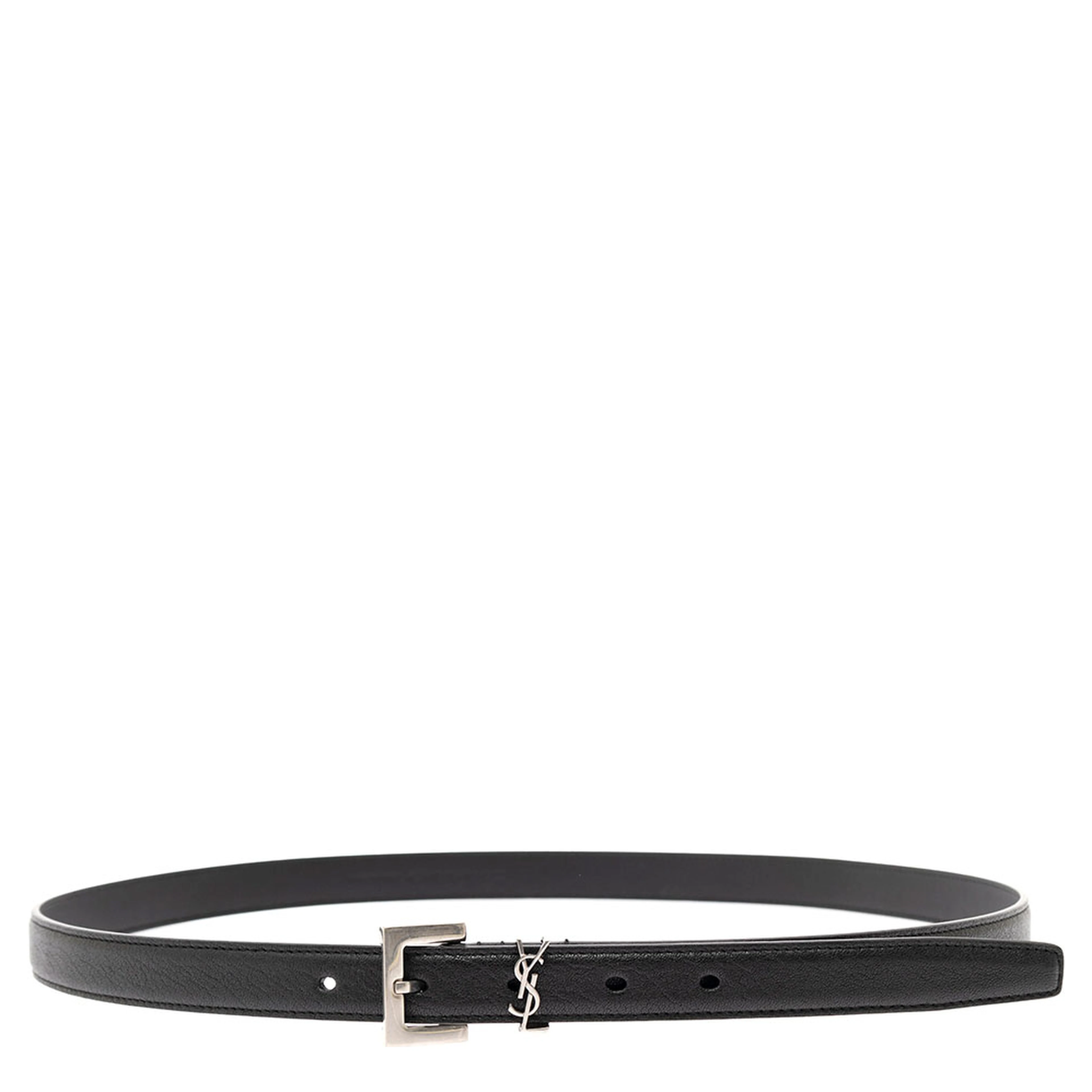 Leather Belt with Silver Metal Buckle Men YSL