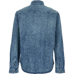 Shirt with Classic Collar and Cassandre Embroidery on the Front in Light Blue Denim for Men