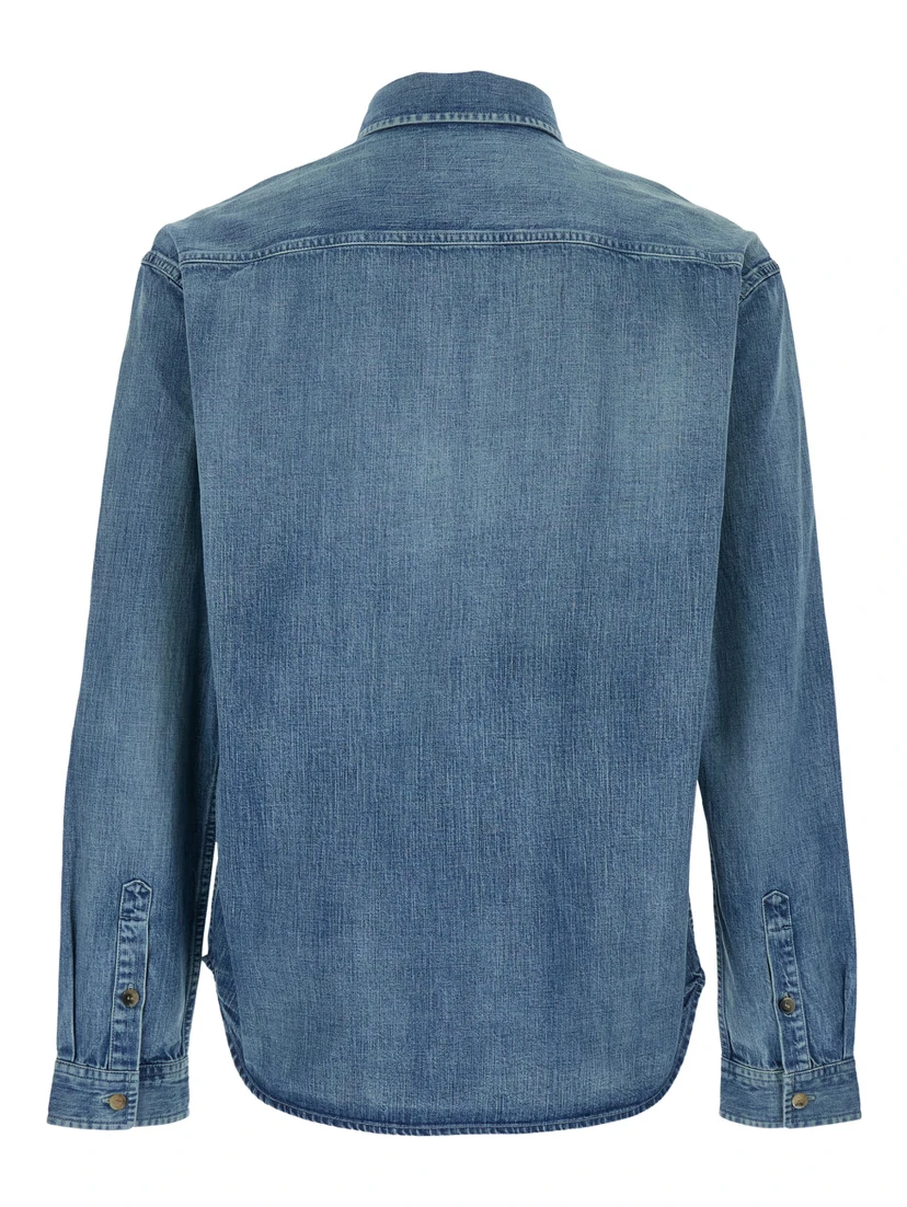 Shirt with Classic Collar and Cassandre Embroidery on the Front in Light Blue Denim for Men