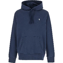 Hooded Sweatshirt with Pony Embroidery in Blue Cotton for Men