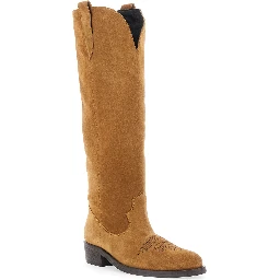 Brown suede round toe low block heel boots for women