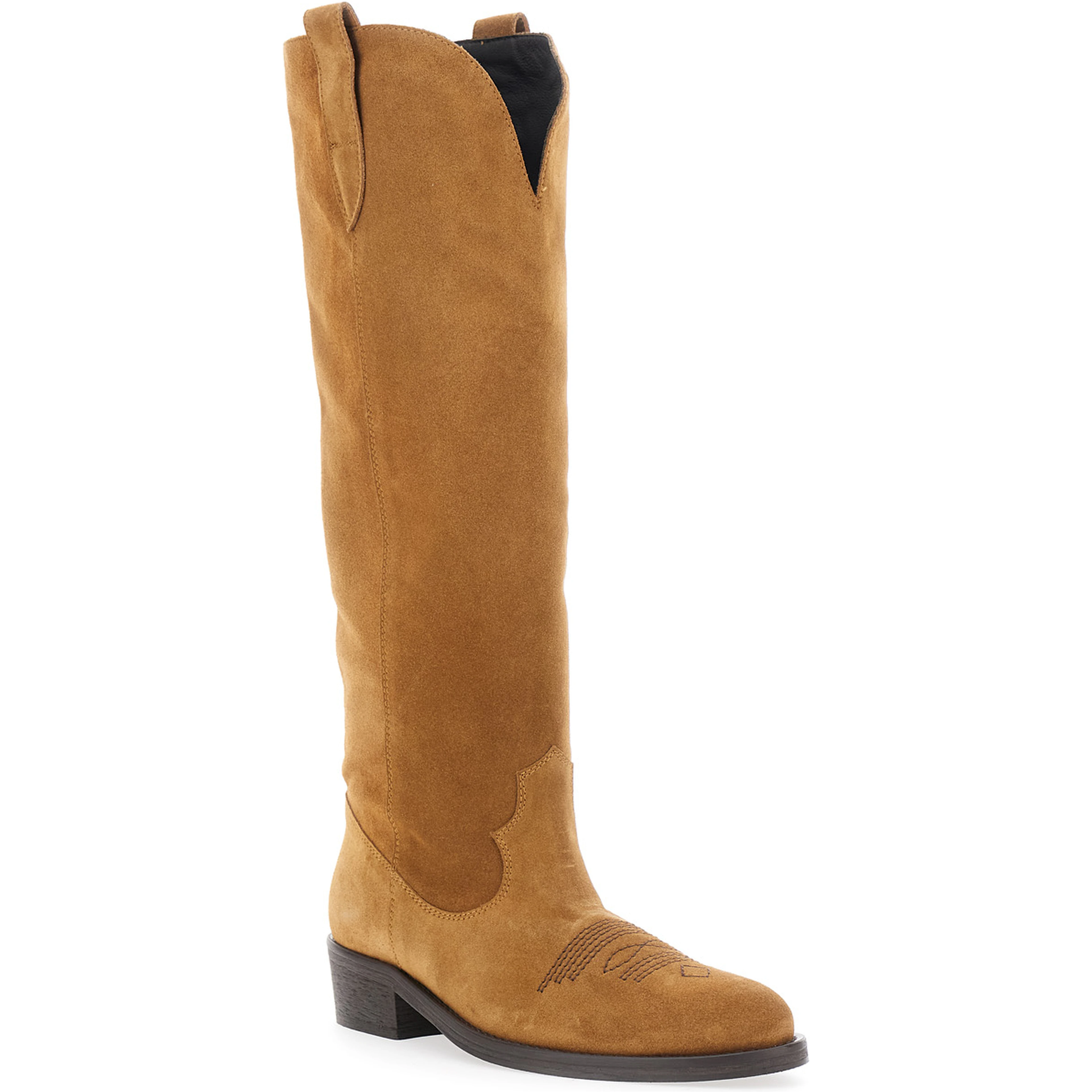 Brown suede round toe low block heel boots for women