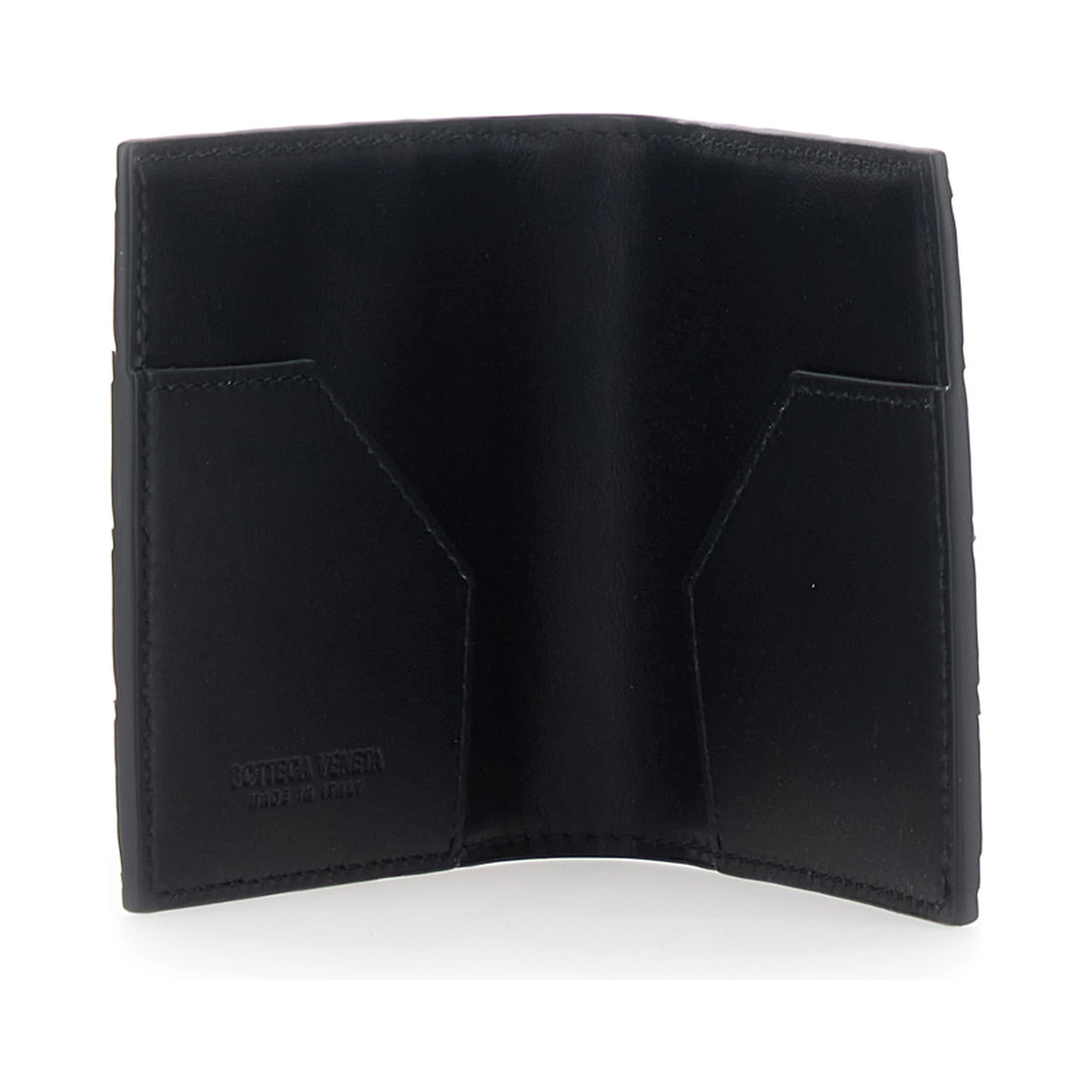 Cardholder with Intreccio Motif and Lettering Logo Impressed Inside in Black Leather for Men