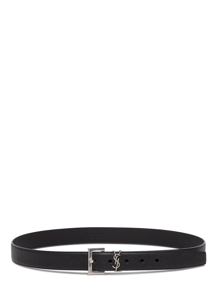 Black YSL Leather Belt with Silver Buckle for Men