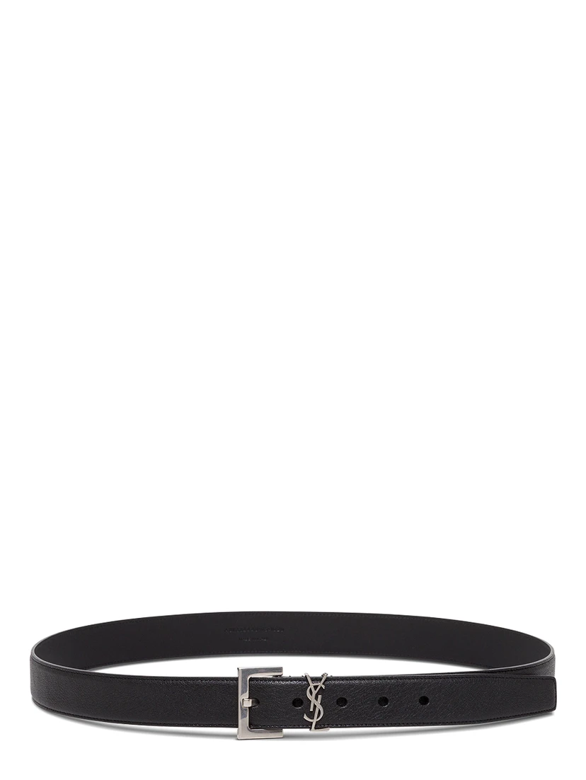 Black YSL Leather Belt with Silver Buckle for Men