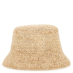 Beige Bucket hat with Logo Plate on the Front in Raffia for Women