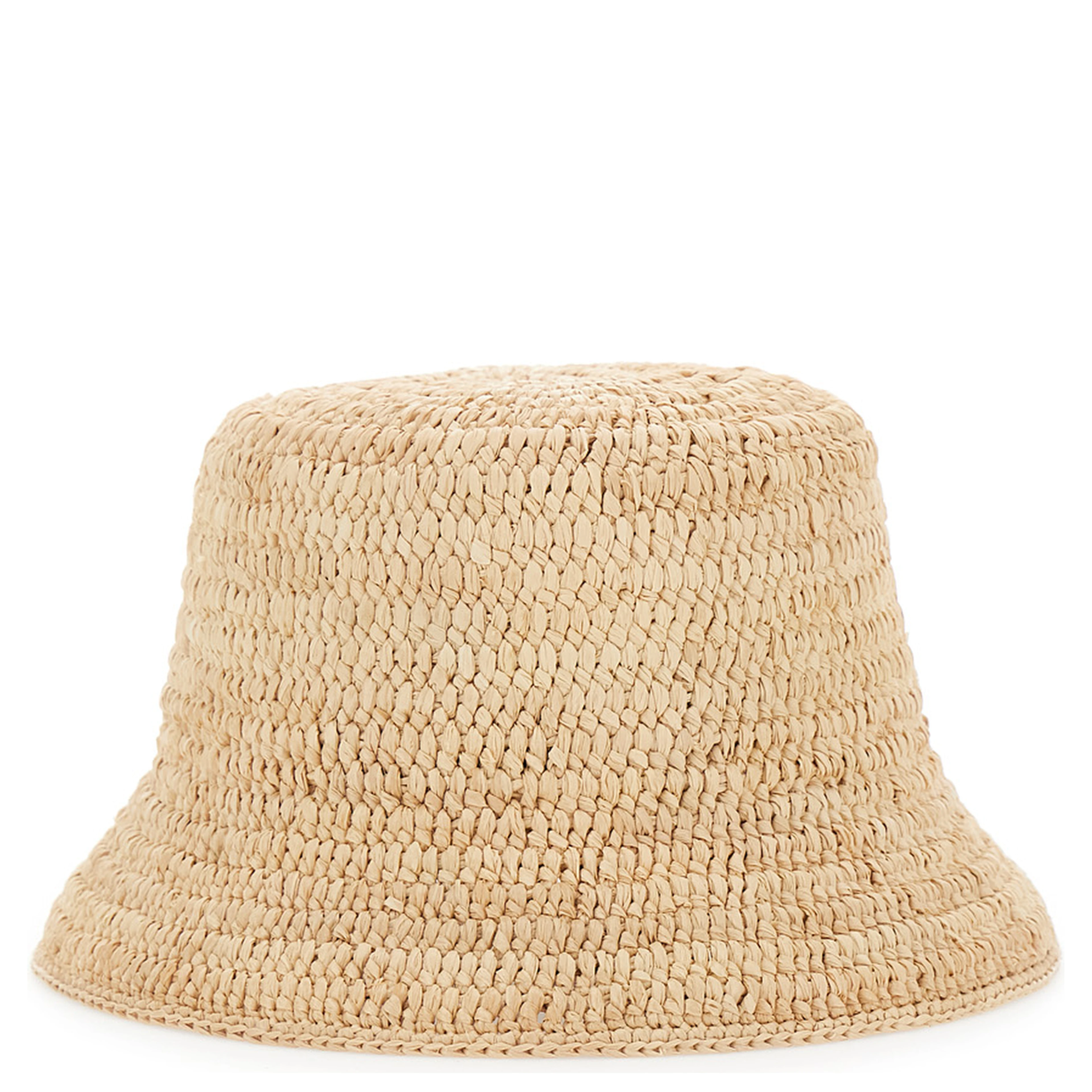 Beige Bucket hat with Logo Plate on the Front in Raffia for Women