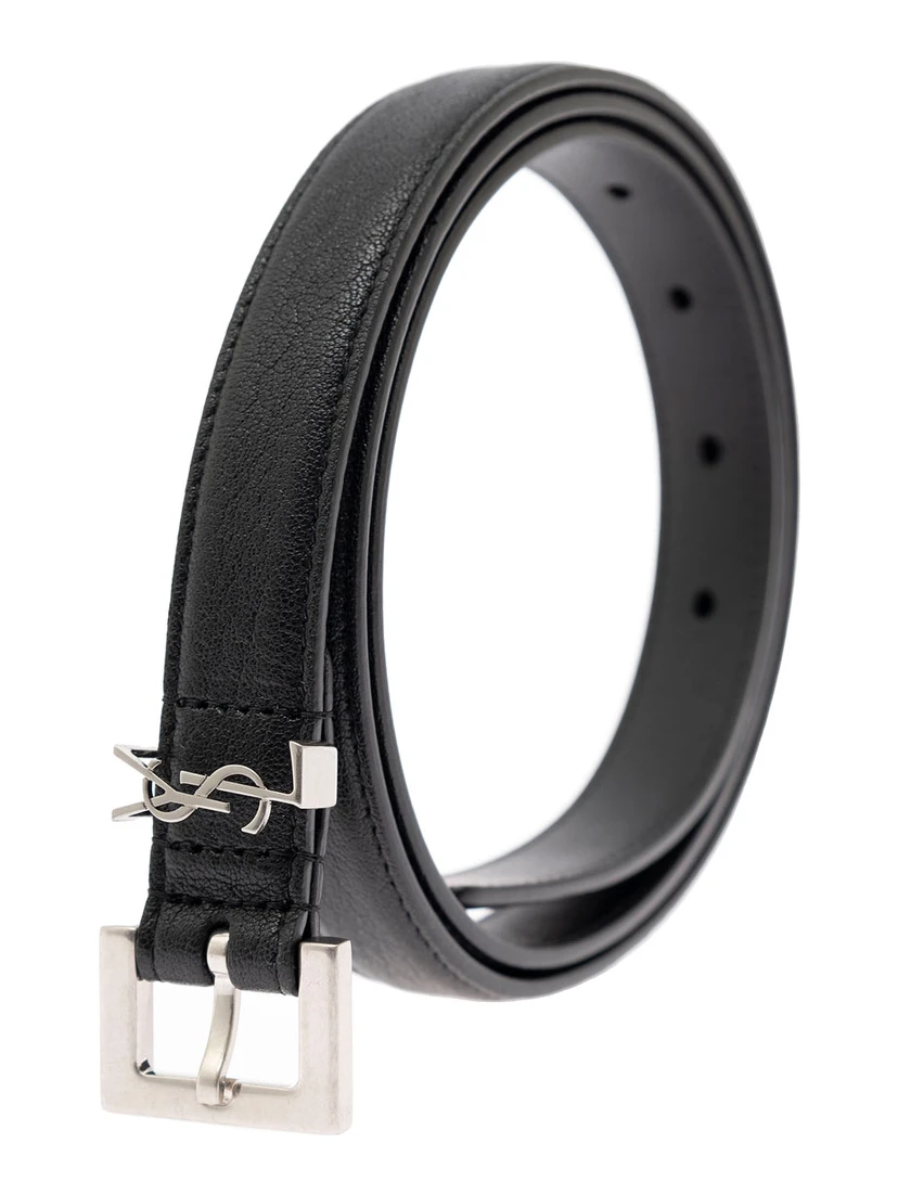 Leather Belt with Silver Metal Buckle Men YSL