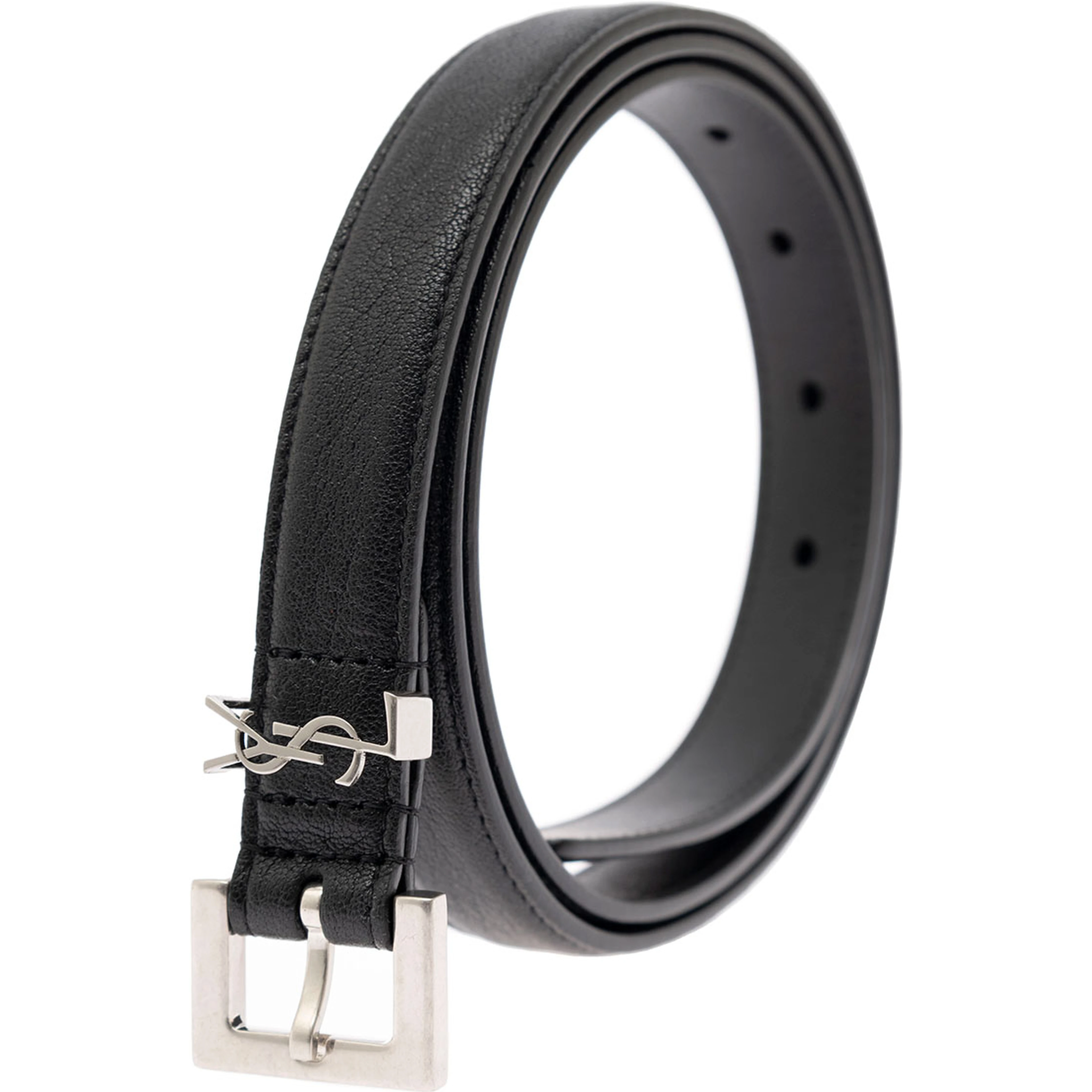Leather Belt with Silver Metal Buckle Men YSL
