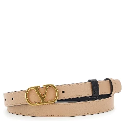 Reversible Belt with VLogo Buckle in Black Leather for Women