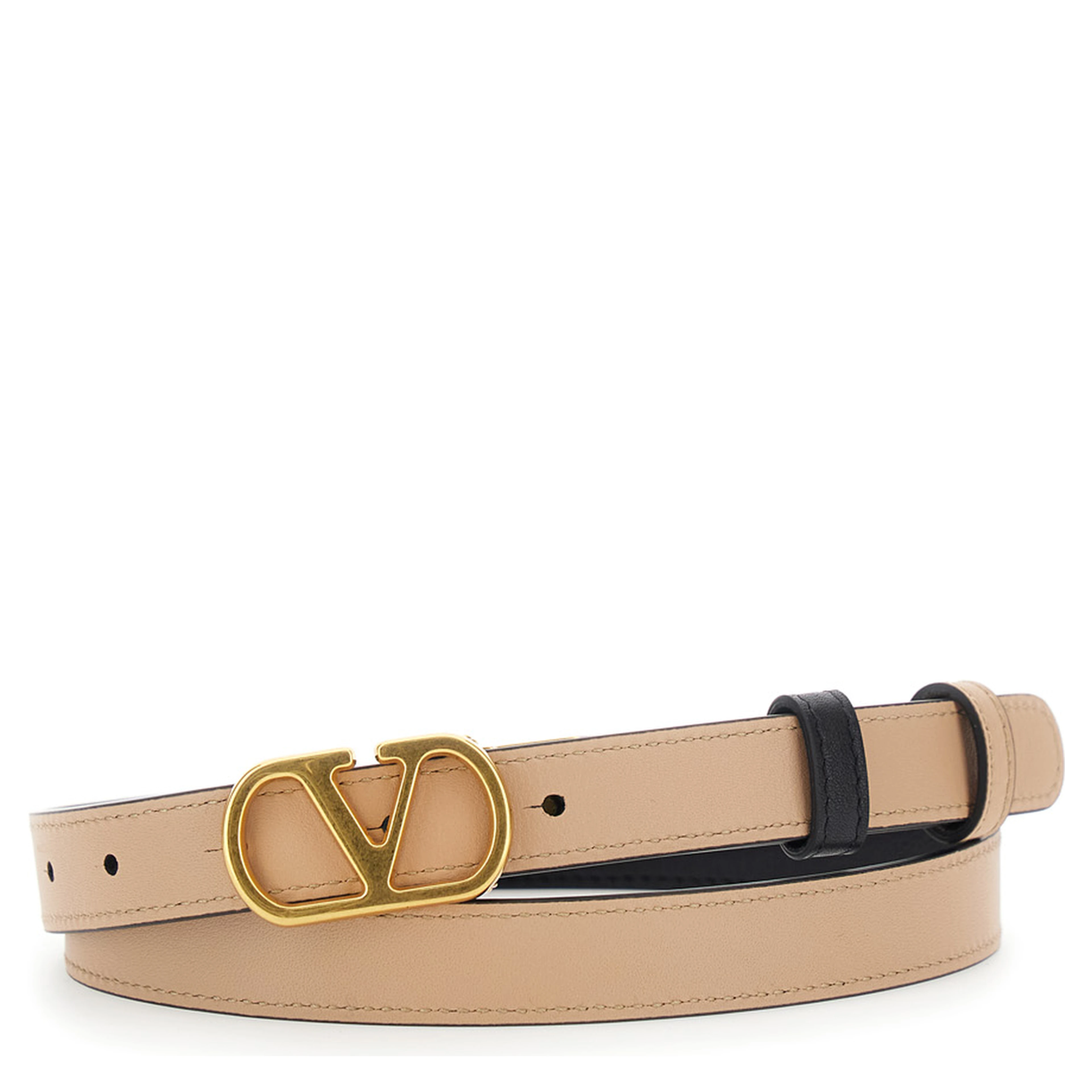 Reversible Belt with VLogo Buckle in Black Leather for Women