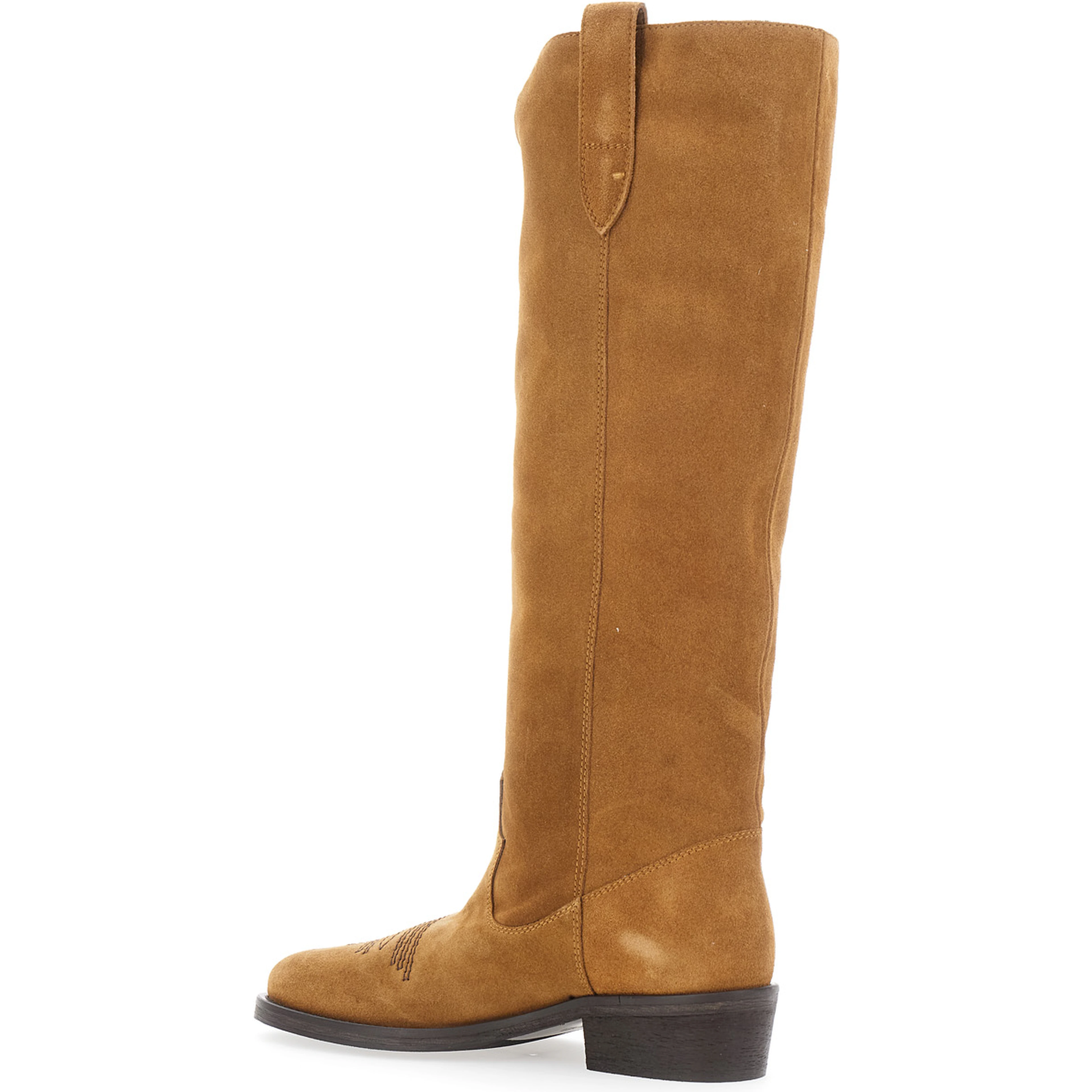 Brown suede round toe low block heel boots for women