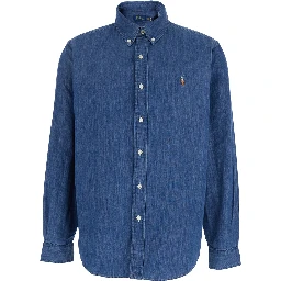 Shirt with Classic Collar and Embroidered Pony Logo in Blue Denim for Men