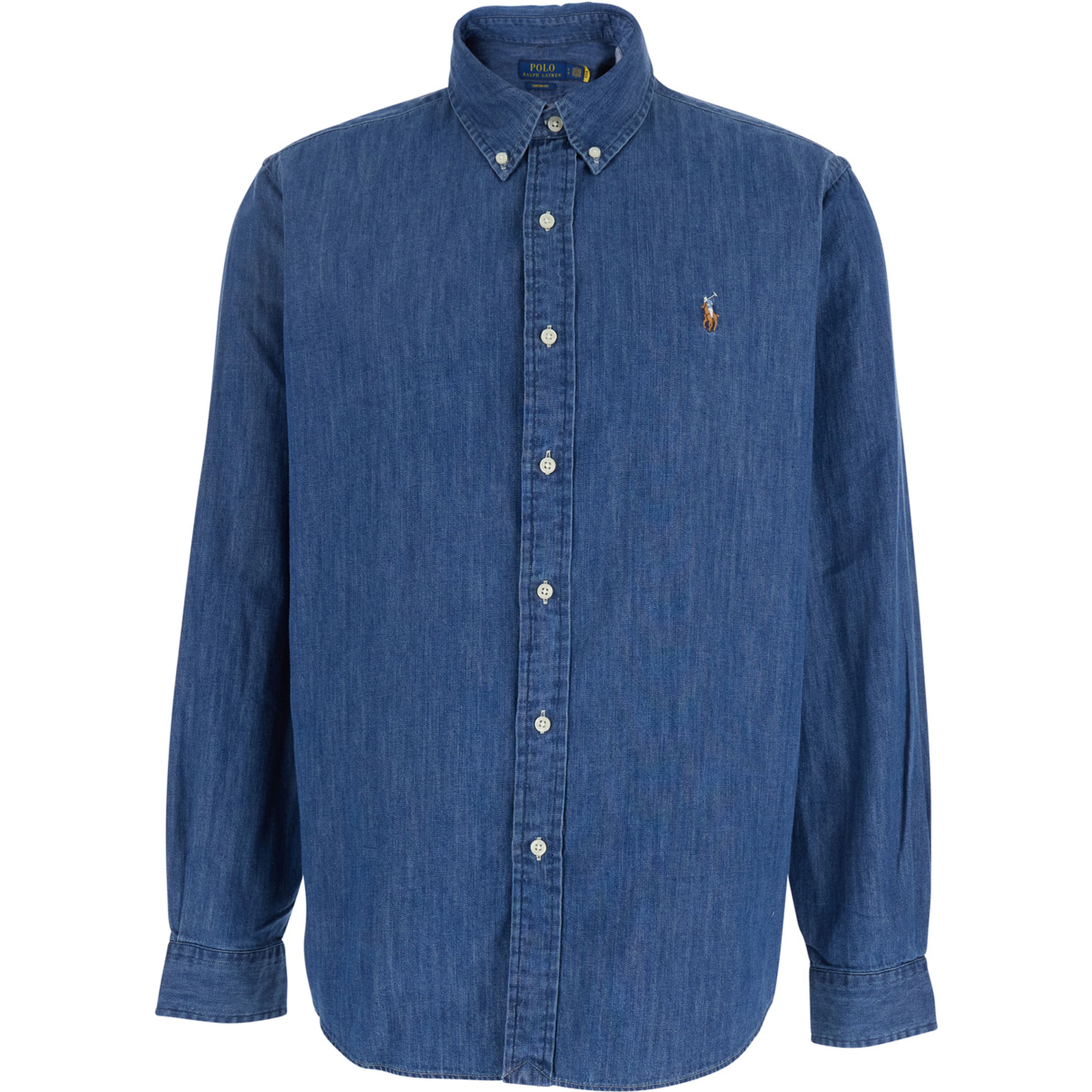 Shirt with Classic Collar and Embroidered Pony Logo in Blue Denim for Men