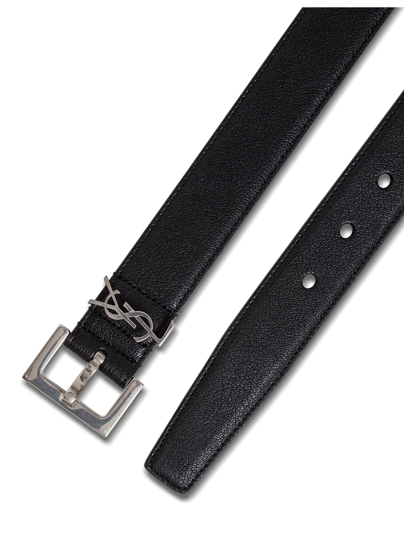 Black YSL Leather Belt with Silver Buckle for Men