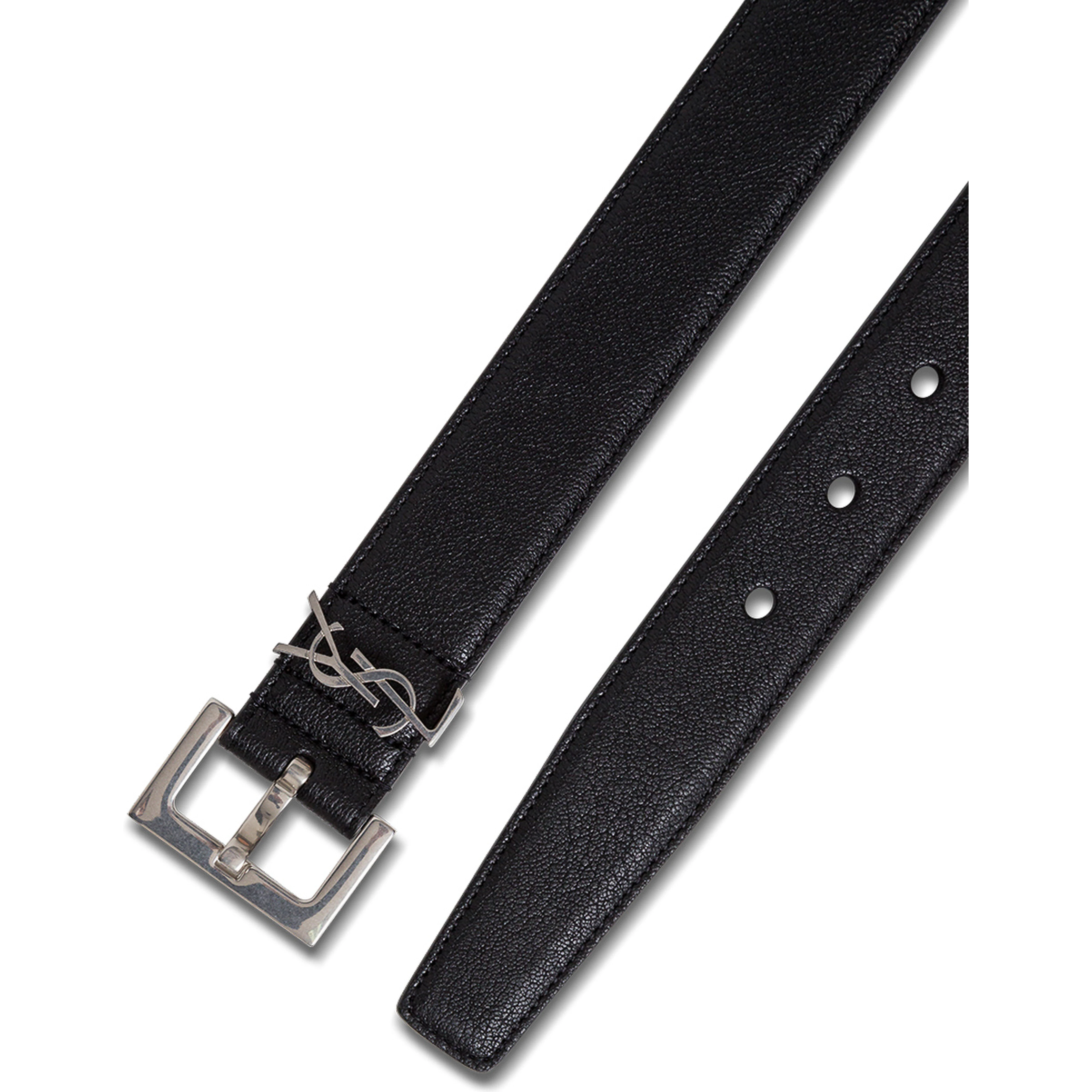 Black YSL Leather Belt with Silver Buckle for Men