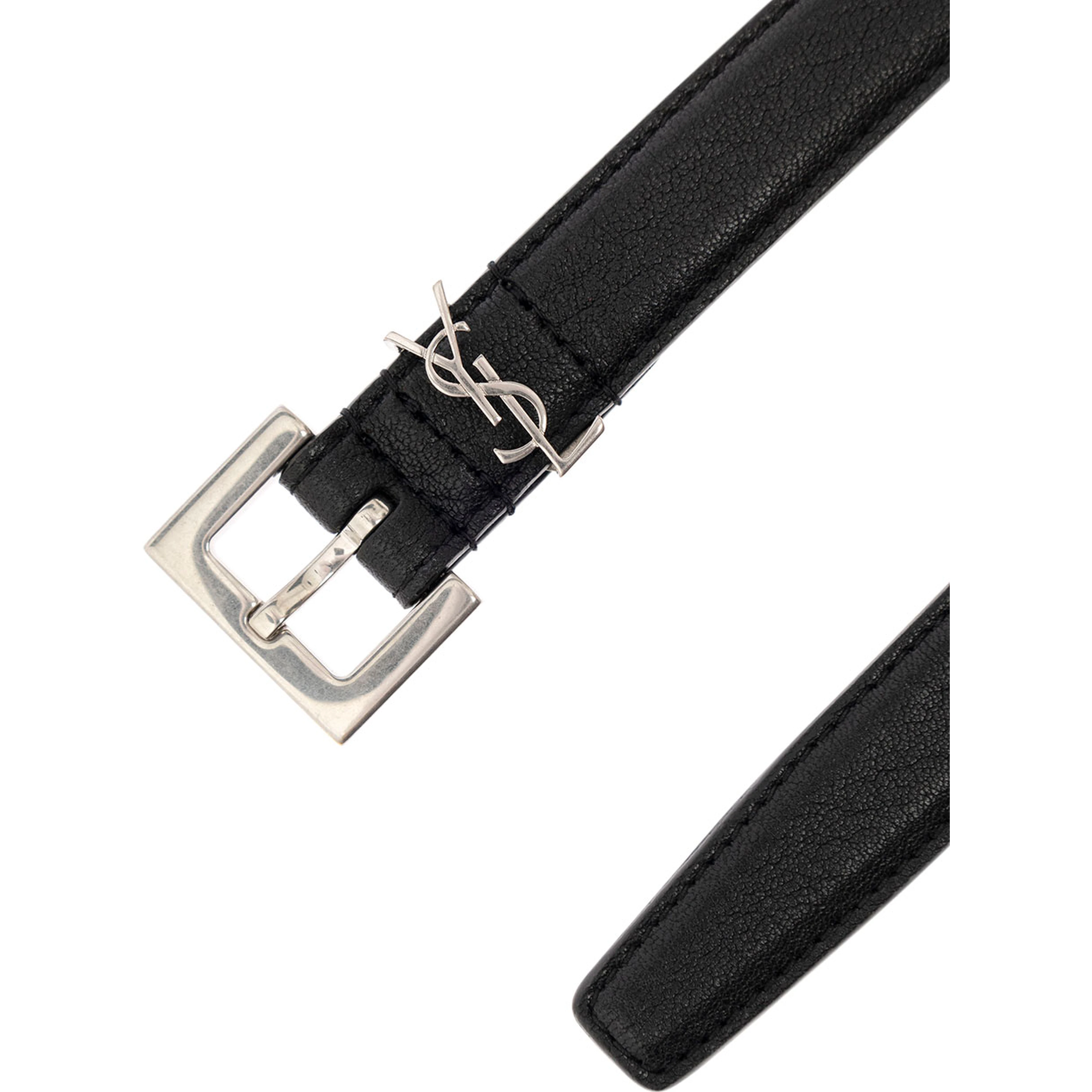 Leather Belt with Silver Metal Buckle Men YSL