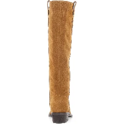 Brown suede round toe low block heel boots for women