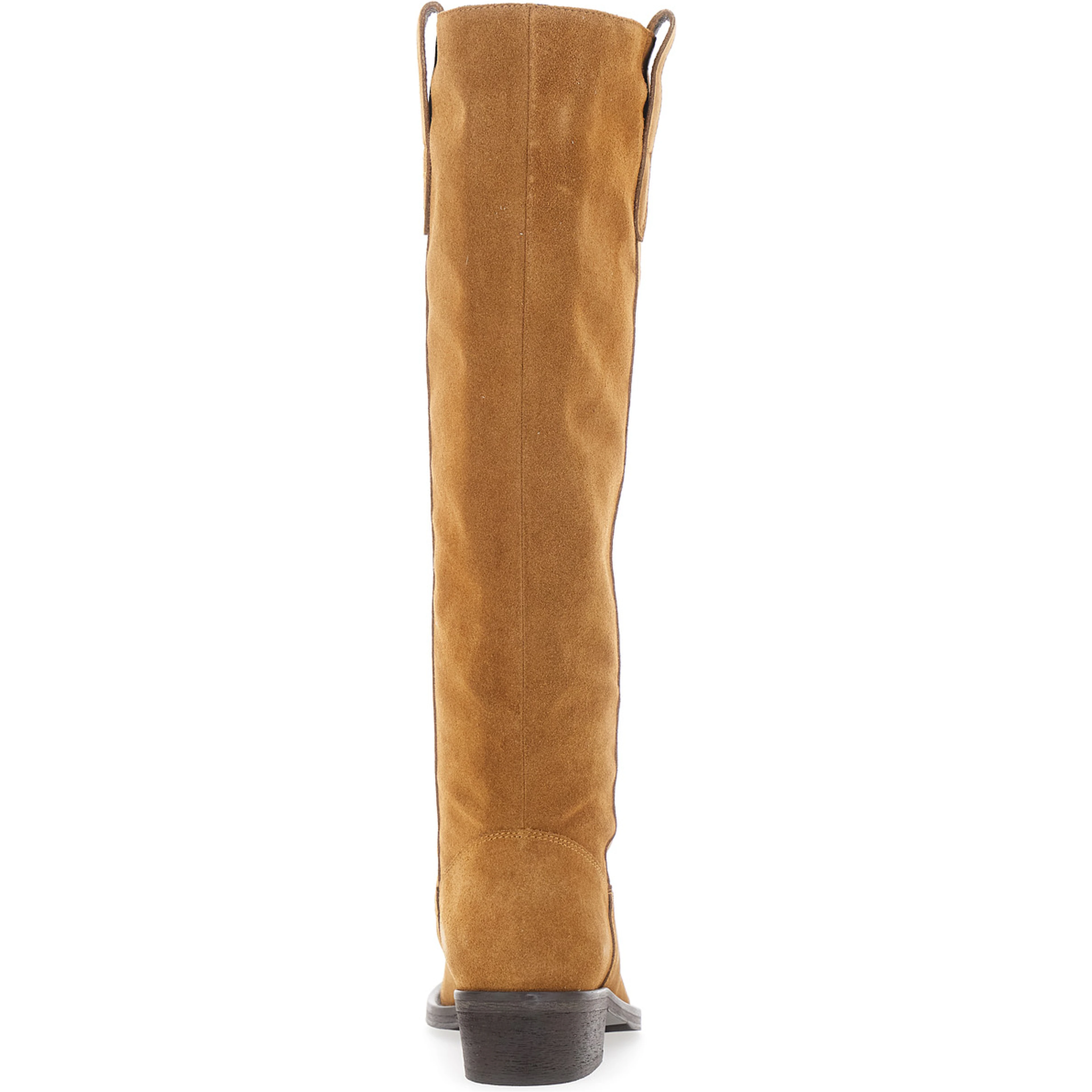 Brown suede round toe low block heel boots for women