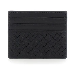 Black Card Holder with Woven design in Leather for Women