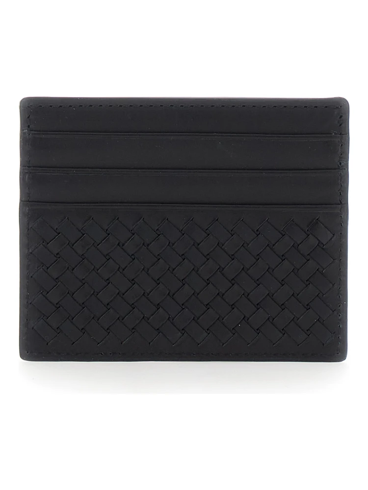 Black Card Holder with Woven design in Leather for Women