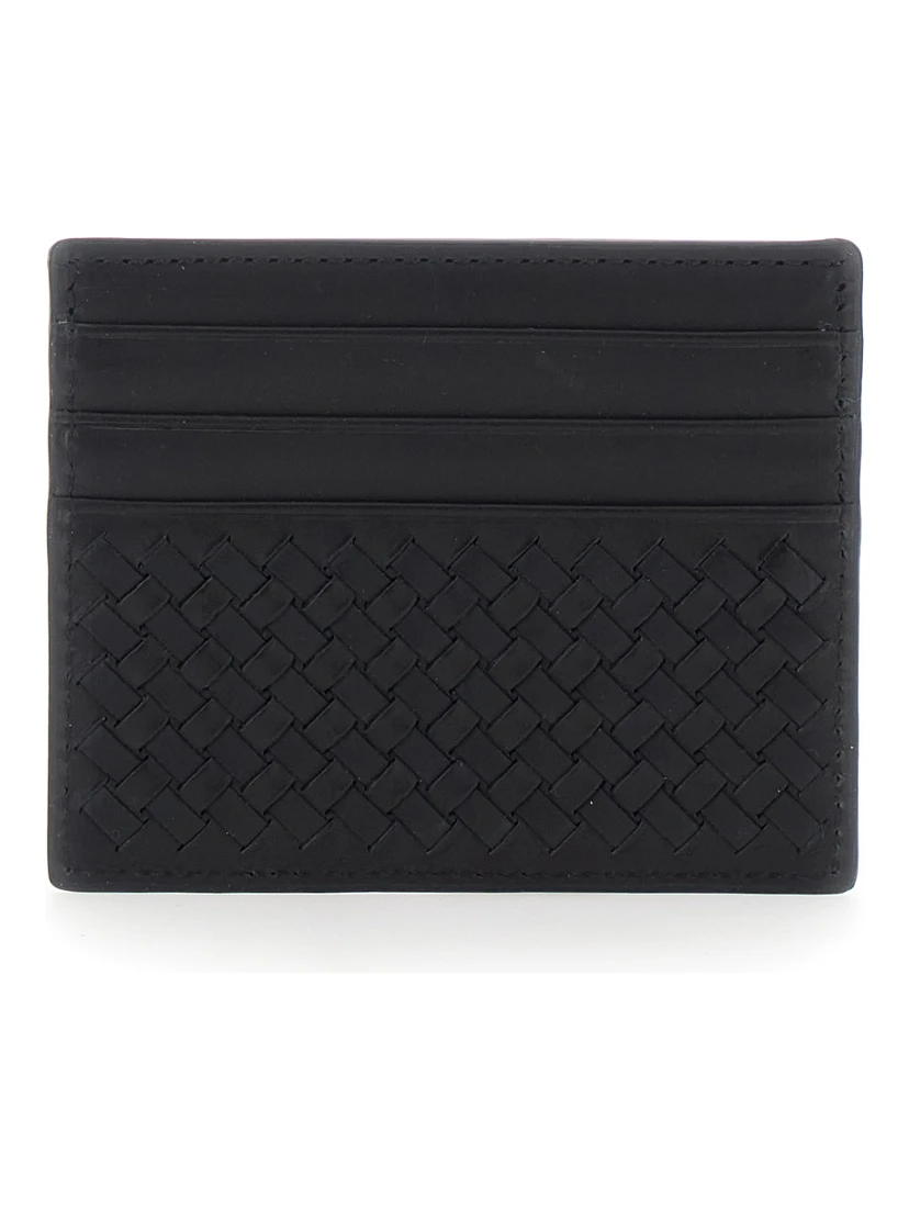 Black Card Holder with Woven design in Leather for Women