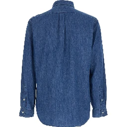 Shirt with Classic Collar and Embroidered Pony Logo in Blue Denim for Men
