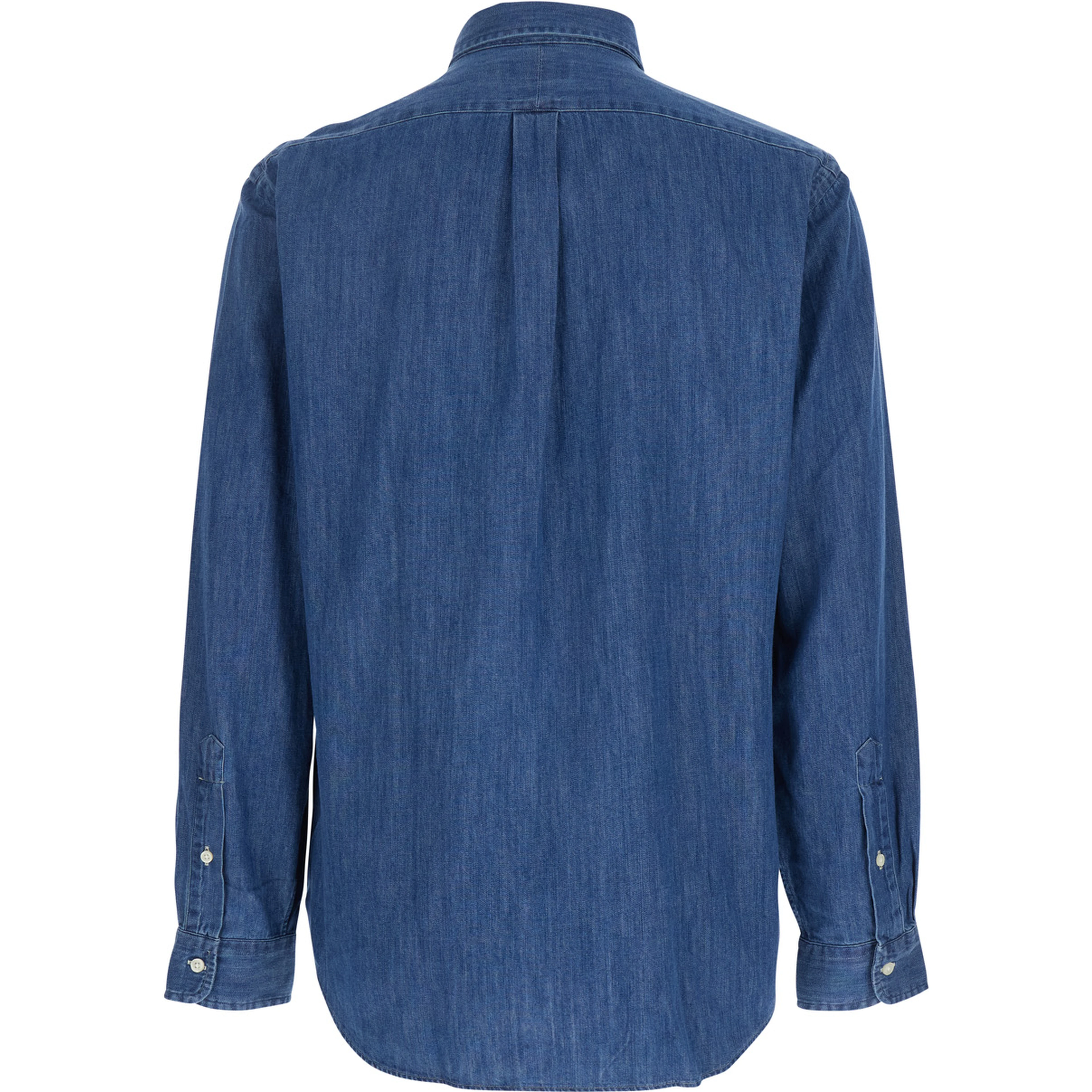 Shirt with Classic Collar and Embroidered Pony Logo in Blue Denim for Men