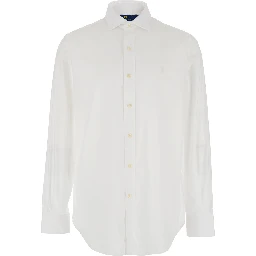 Shirt Custom Fit with Pointed Collar and Tone-on-Tone Pony Embroidery on the Front in White Cotton for Men