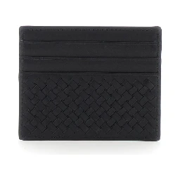 Black Card Holder with Woven design in Leather for Women