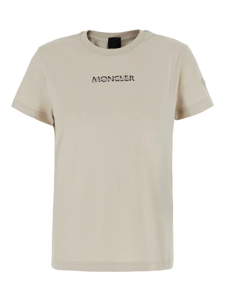 White Crew neck T-shirt with Logo lettering on the front and logo patch on the sleeve in cotton for women
