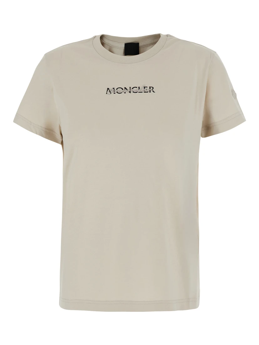 White Crew neck T-shirt with Logo lettering on the front and logo patch on the sleeve in cotton for women