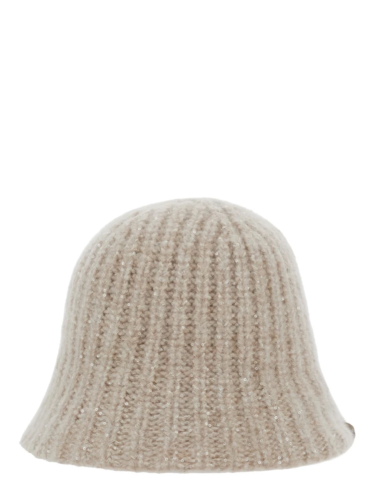 beige hat with knitted design and diamond yarn in cashmere blend women
