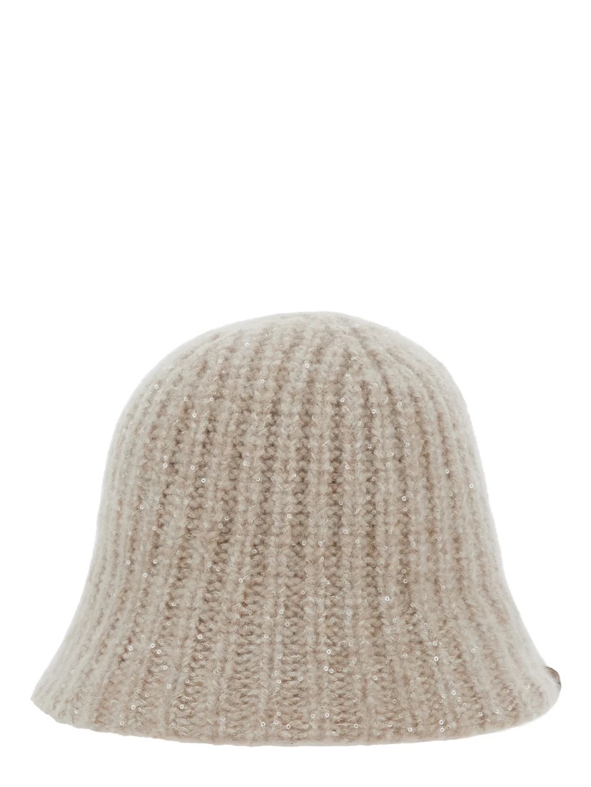 beige hat with knitted design and diamond yarn in cashmere blend women