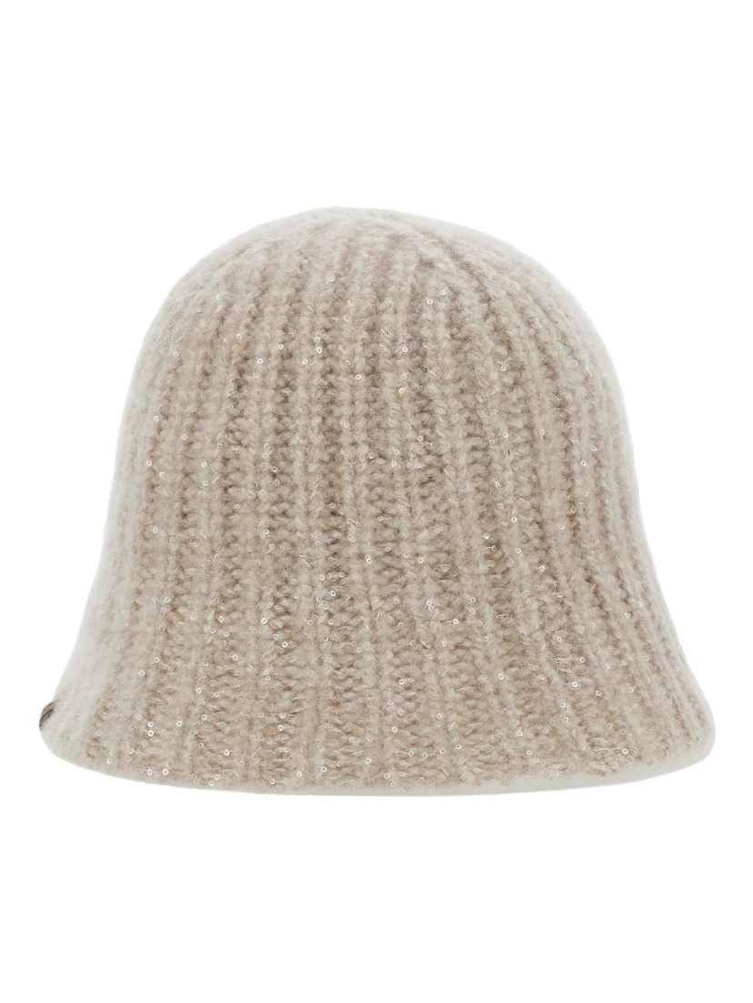 beige hat with knitted design and diamond yarn in cashmere blend women