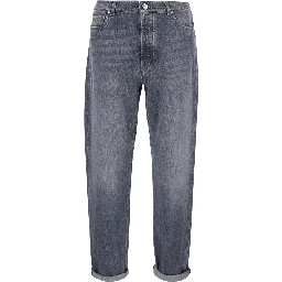 Grey jeans with cuffs and logo patch on the back in denim for men