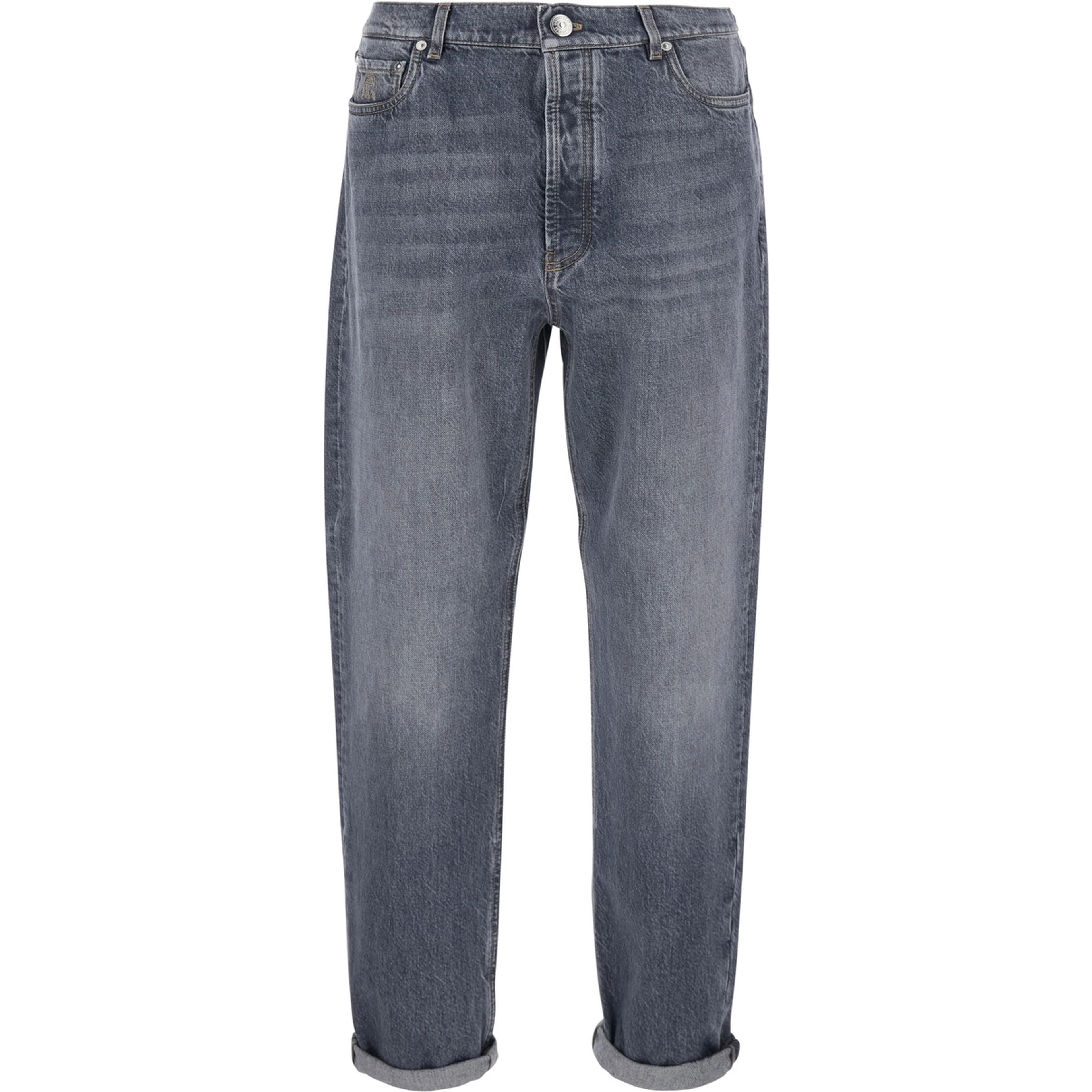 Grey jeans with cuffs and logo patch on the back in denim for men