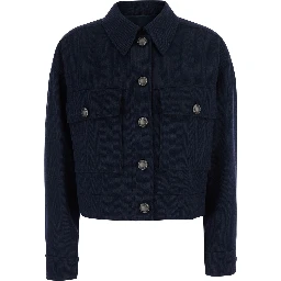 Blue Crop Jacket with Classic Collar and Monile Decoration in Wool for Women